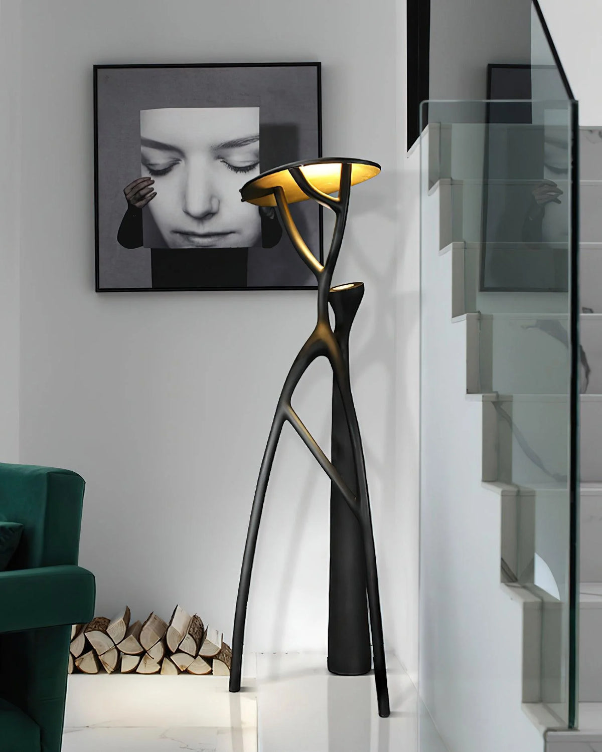 Unique Floor Lamp: Black branch structure provides stylish illumination for living rooms.