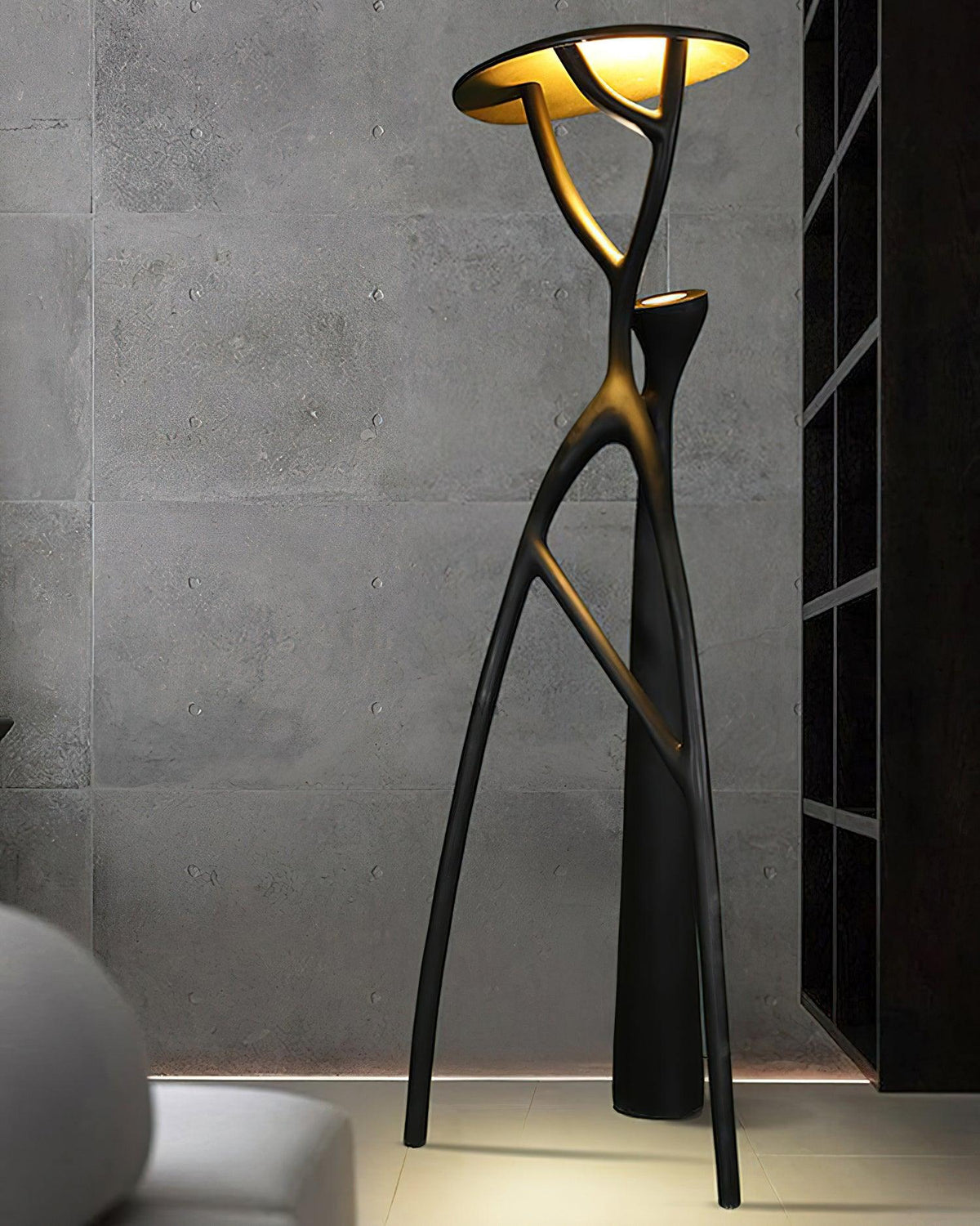Unique Floor Lamp: Black branch design combines functionality and sculptural art for home spaces.