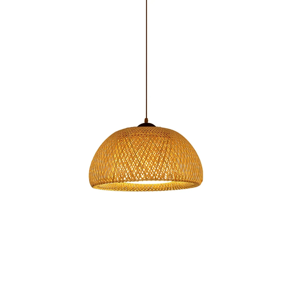 Pendant Lamp with bamboo woven into a rounded hemispherical lampshade hung in the snack bar.