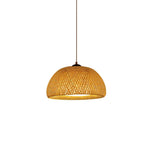 Pendant Lamp with bamboo woven into a rounded hemispherical lampshade hung in the snack bar.