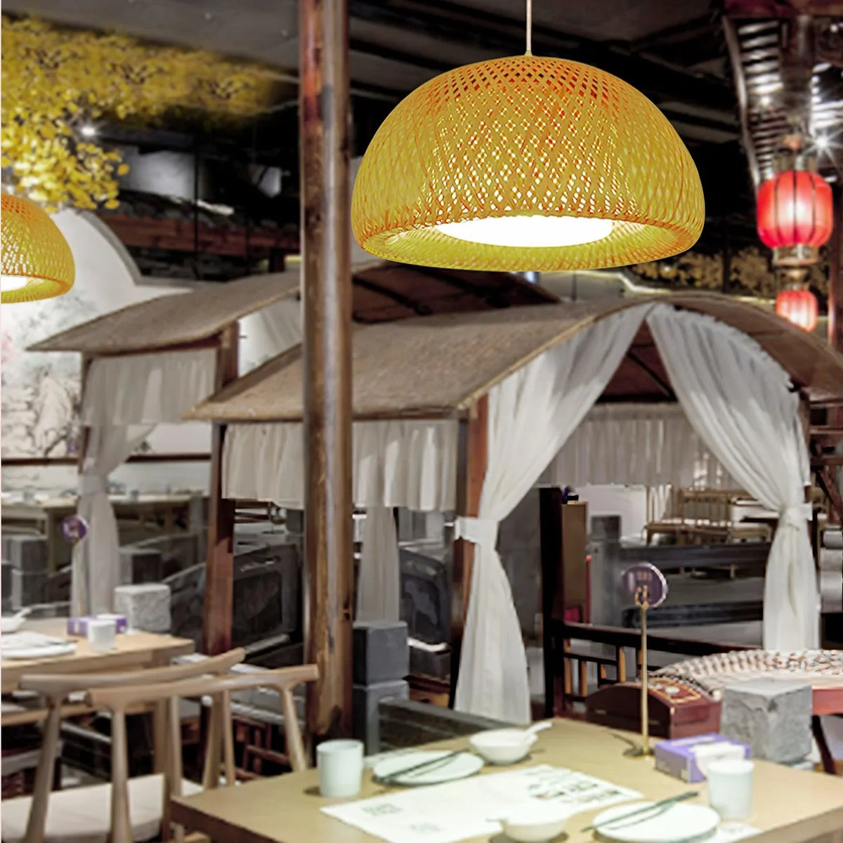 Bamboo Basket Pendant Lamp in the exhibition area of an ancient house.