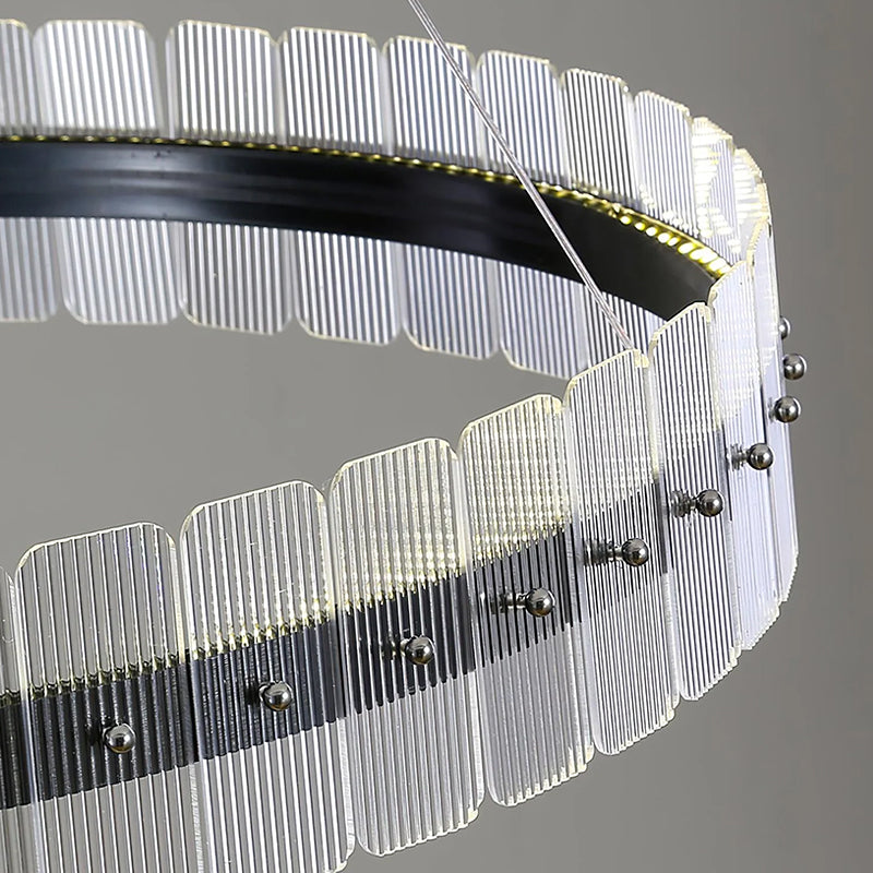 Close-up of half of the ring of the Black Acrylic Chandelier