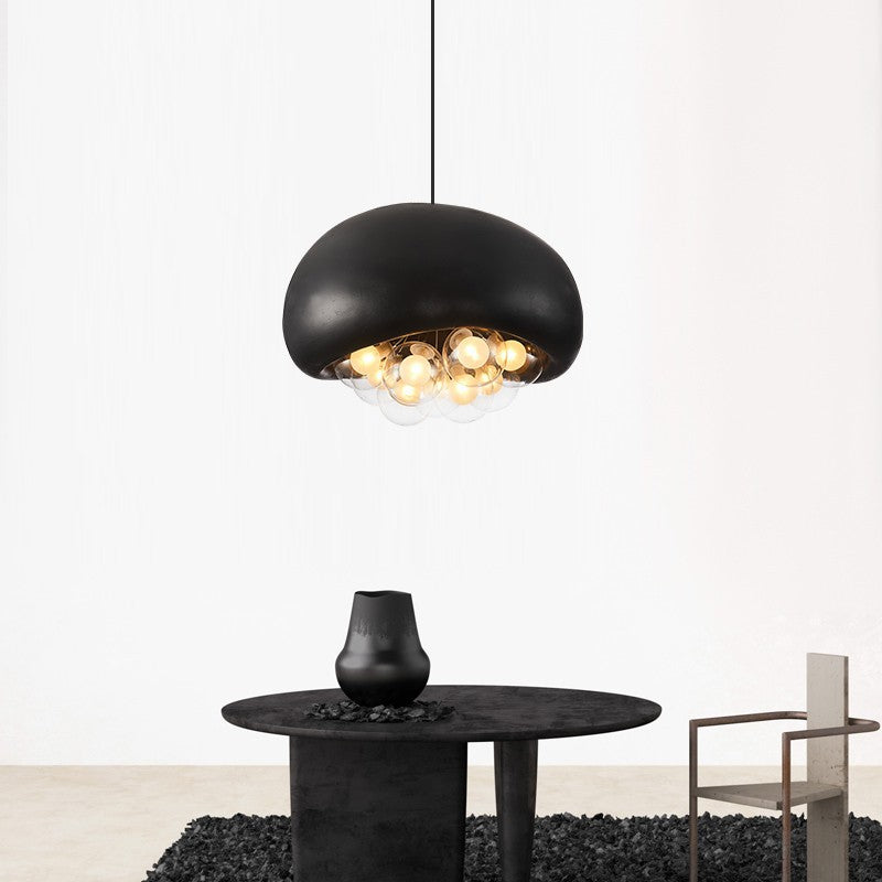 Cement - colored pendant, rounded cover, transparent bubble - orbs with bulbs, bringing sophistication.
