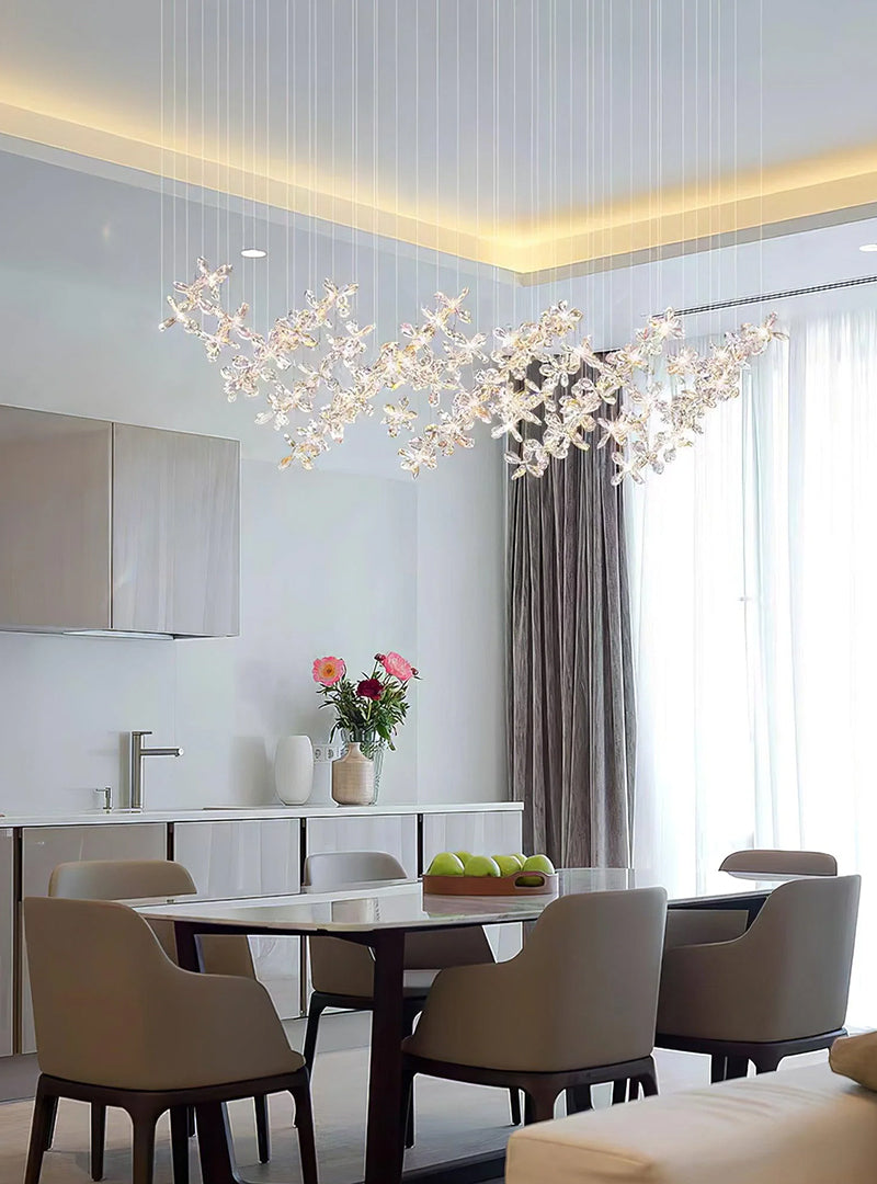 The crystal parts of the Cross Star Crystal Chandelier are like elves floating in the restaurant.