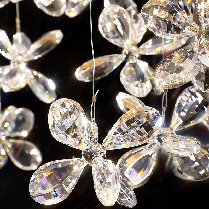 Close-up of the glittering crystals of the Cross Star Chandelier