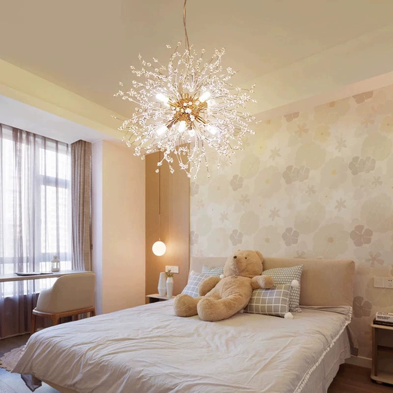 Elegant Crystal Dandelion Chandelier: Sparkling glass strands radiate from a golden center, ideal for modern decor.