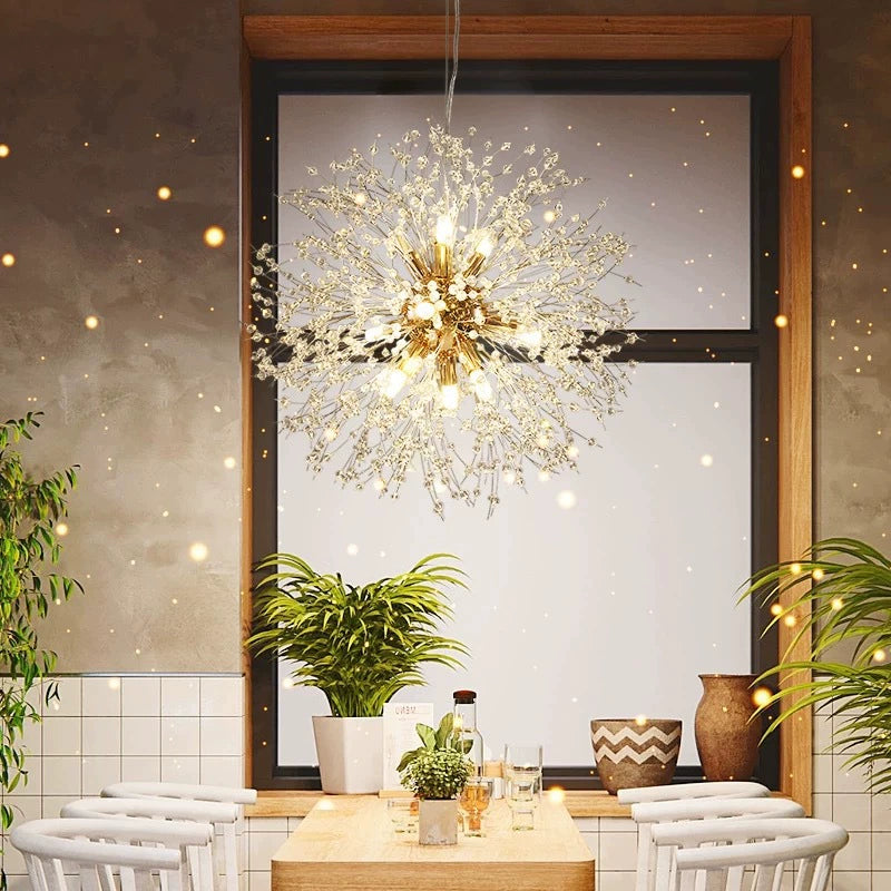 Stunning dandelion-inspired lighting fixture: Combines crystal details and a golden core for sophisticated spaces.