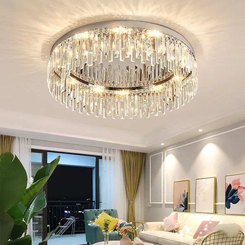 As you step into this living room, the round crystal ceiling lamp above your head instantly catches your eye.