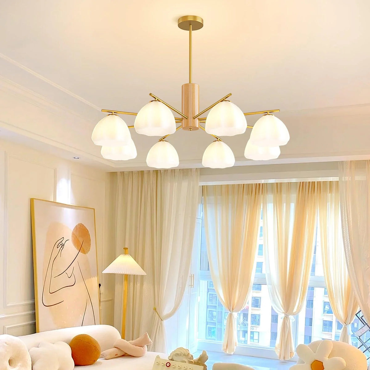Modern pastoral flower chandelier—features elegant white flower-shaped shades and golden frames,
