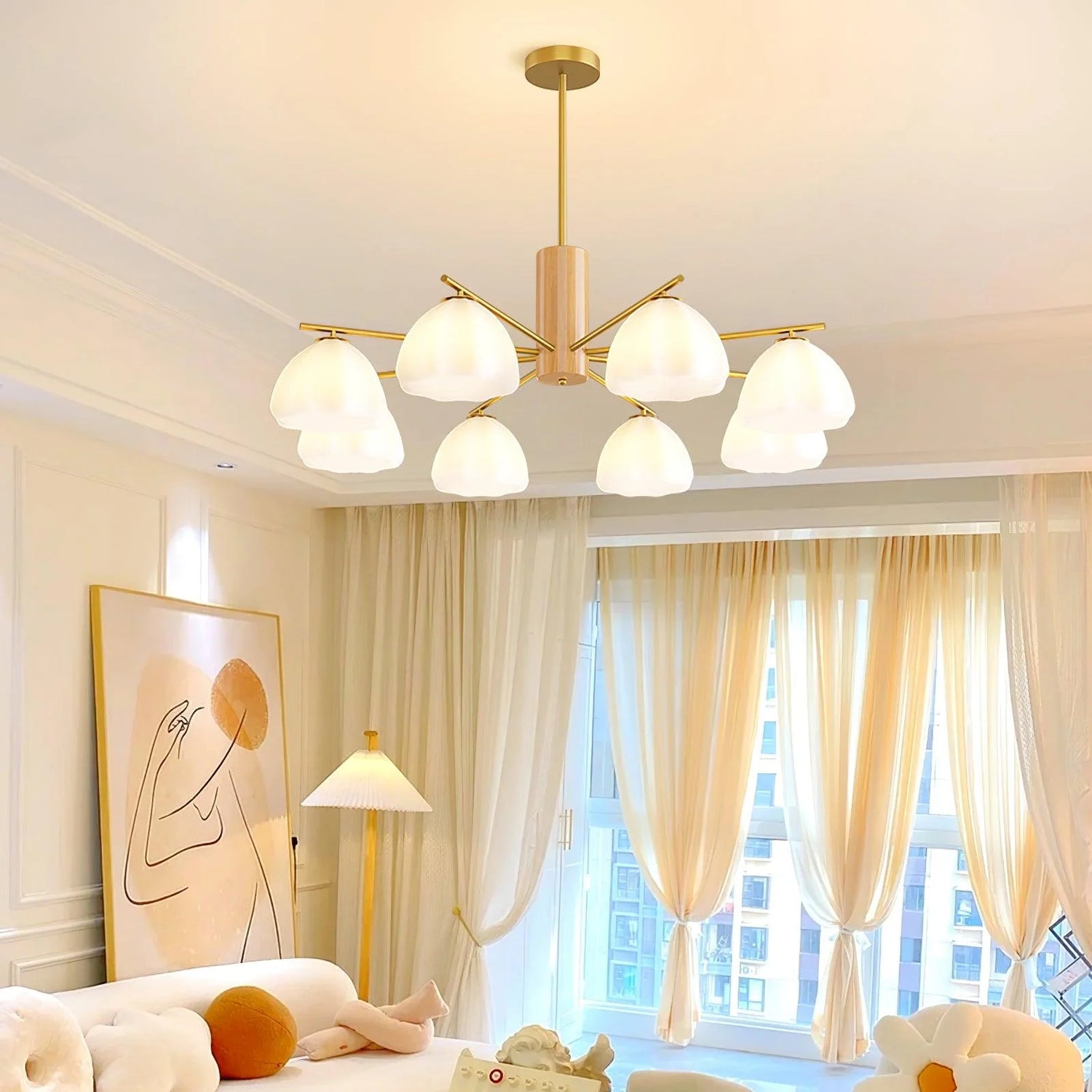Modern pastoral flower chandelier—features elegant white flower-shaped shades and golden frames,