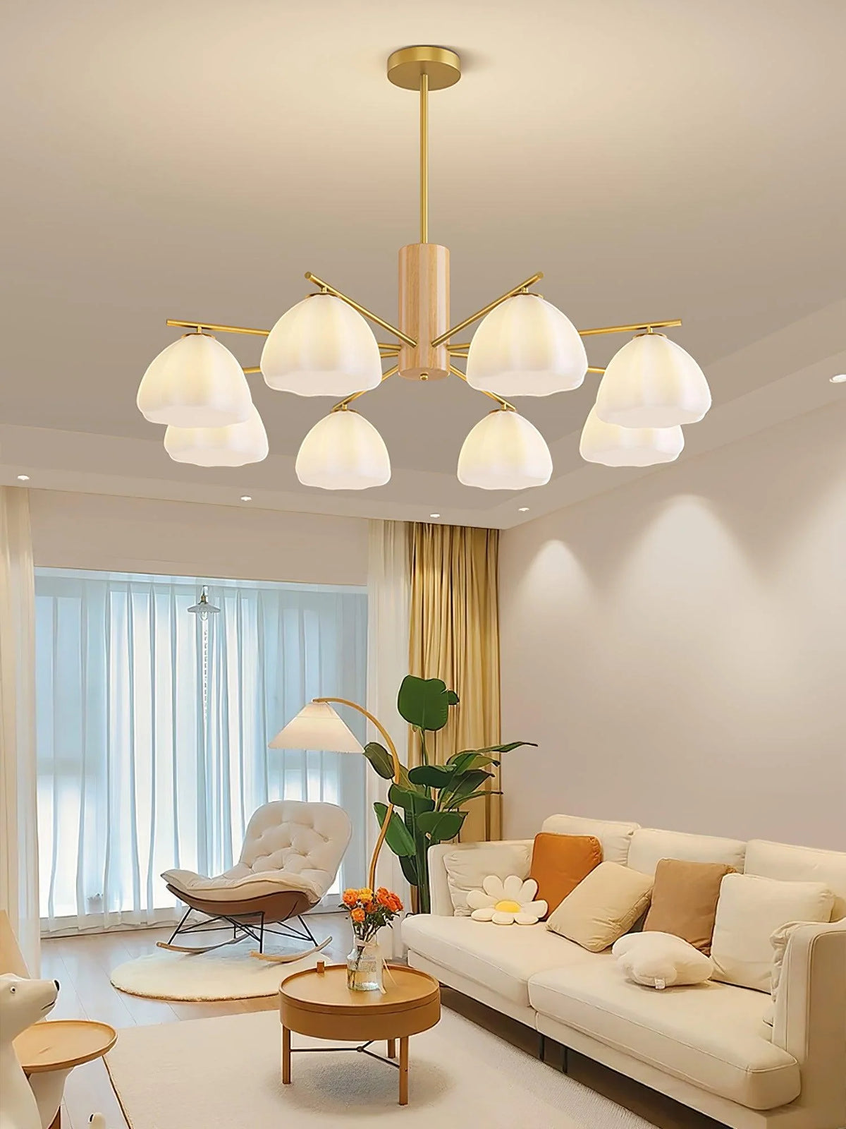 white flower shades combined with golden frames infuse spaces with pastoral sophistication.