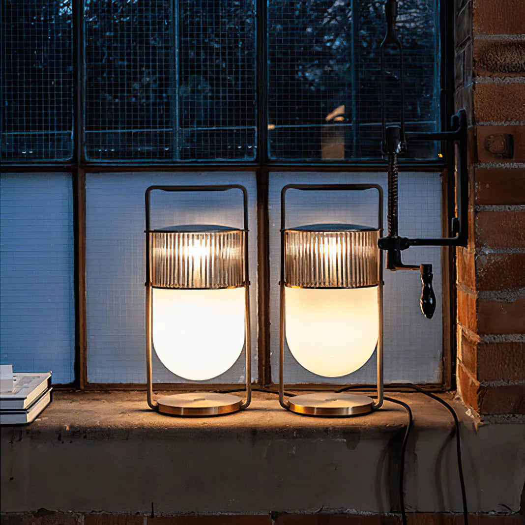 Chic Nordic portable table lamp: glass elements + sleek design for versatile lighting.