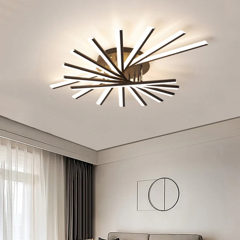 Its radial linear design in black and white merges Nordic minimalism with modern illumination