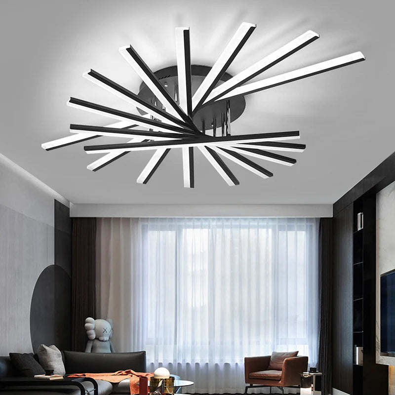 Its radial linear design in black and white merges Nordic minimalism with modern illumination