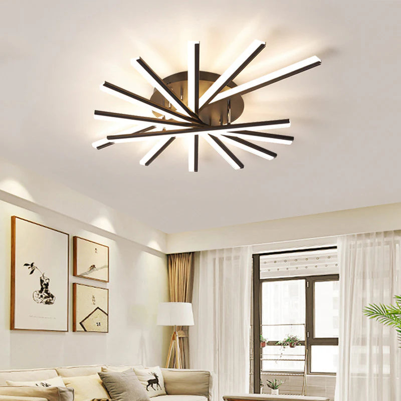 Crafted for Nordic-inspired spaces, the multi-line ceiling light uses radial strips to deliver bright, even light while adding geometric charm.