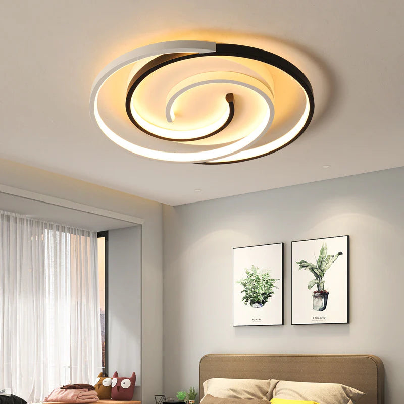 Sleek spiral ceiling lamp crafted with durable materials, showcasing interwoven circular elements.