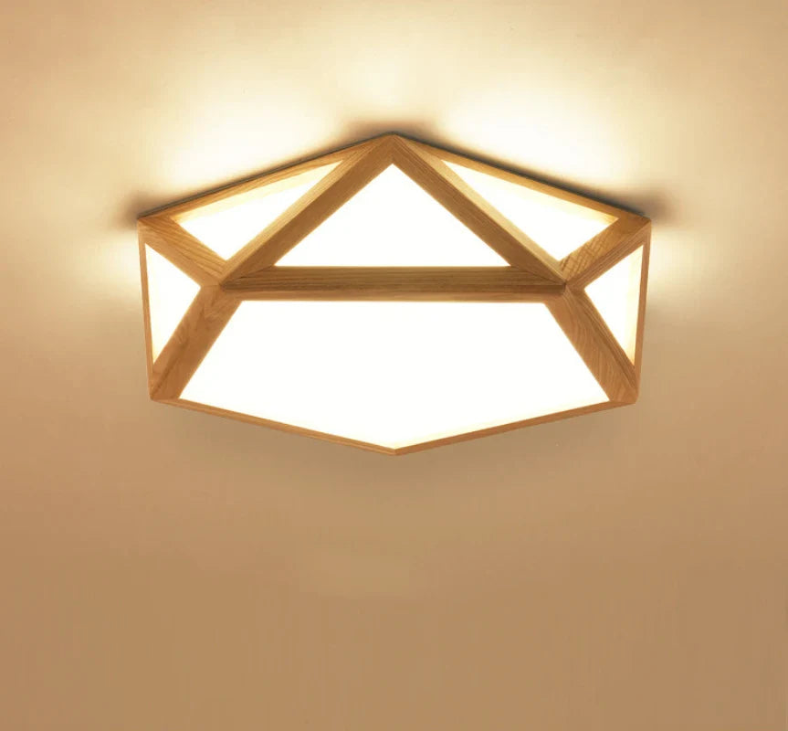 This polygonal ceiling light, crafted from high-quality wood