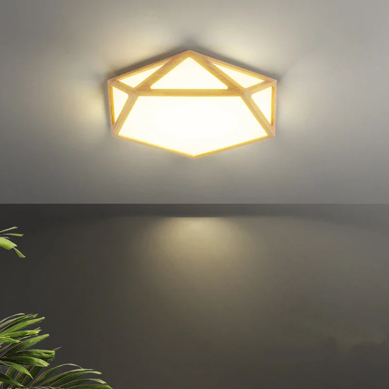 Polygonal Wooden Ceiling Light: Combines geometric charm with natural wood, emitting soft light to warm up bedrooms or living rooms while enhancing modern decor.