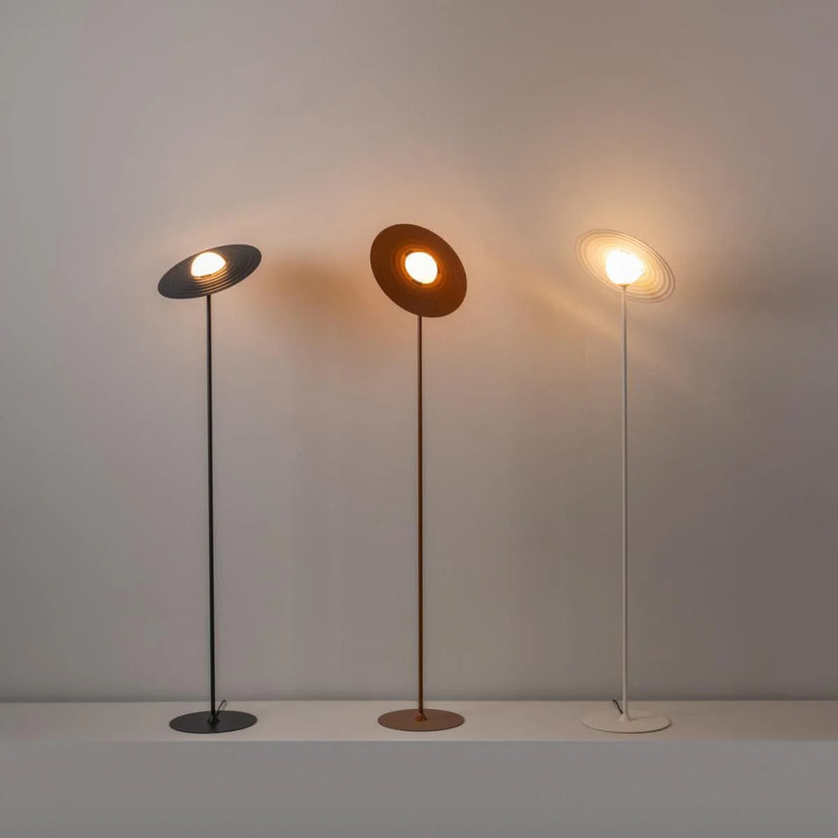 The floor lamp balances personality and simplicity, record-like shade, and metal pole.