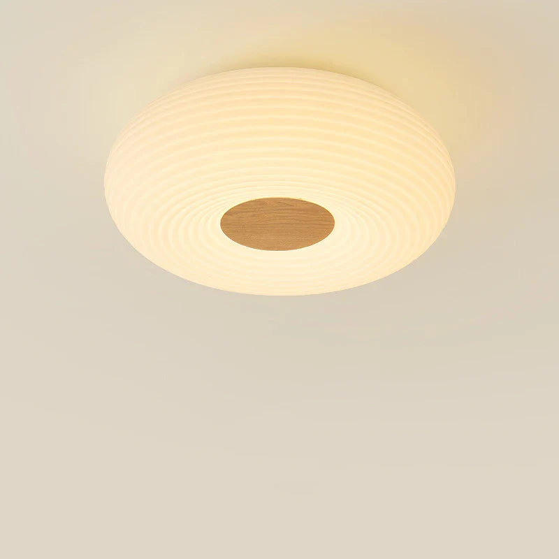 Elegant round ceiling light illuminates room, blends with interiors.