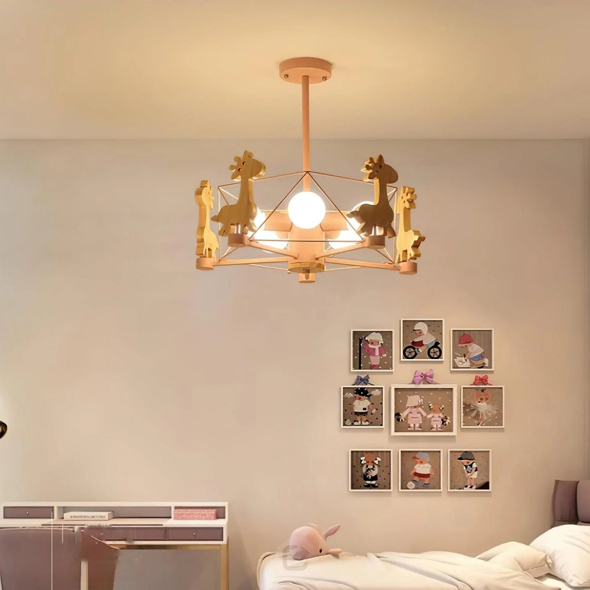 Cheerful carousel chandelier: wooden animals on a vibrant fixture for child spaces.