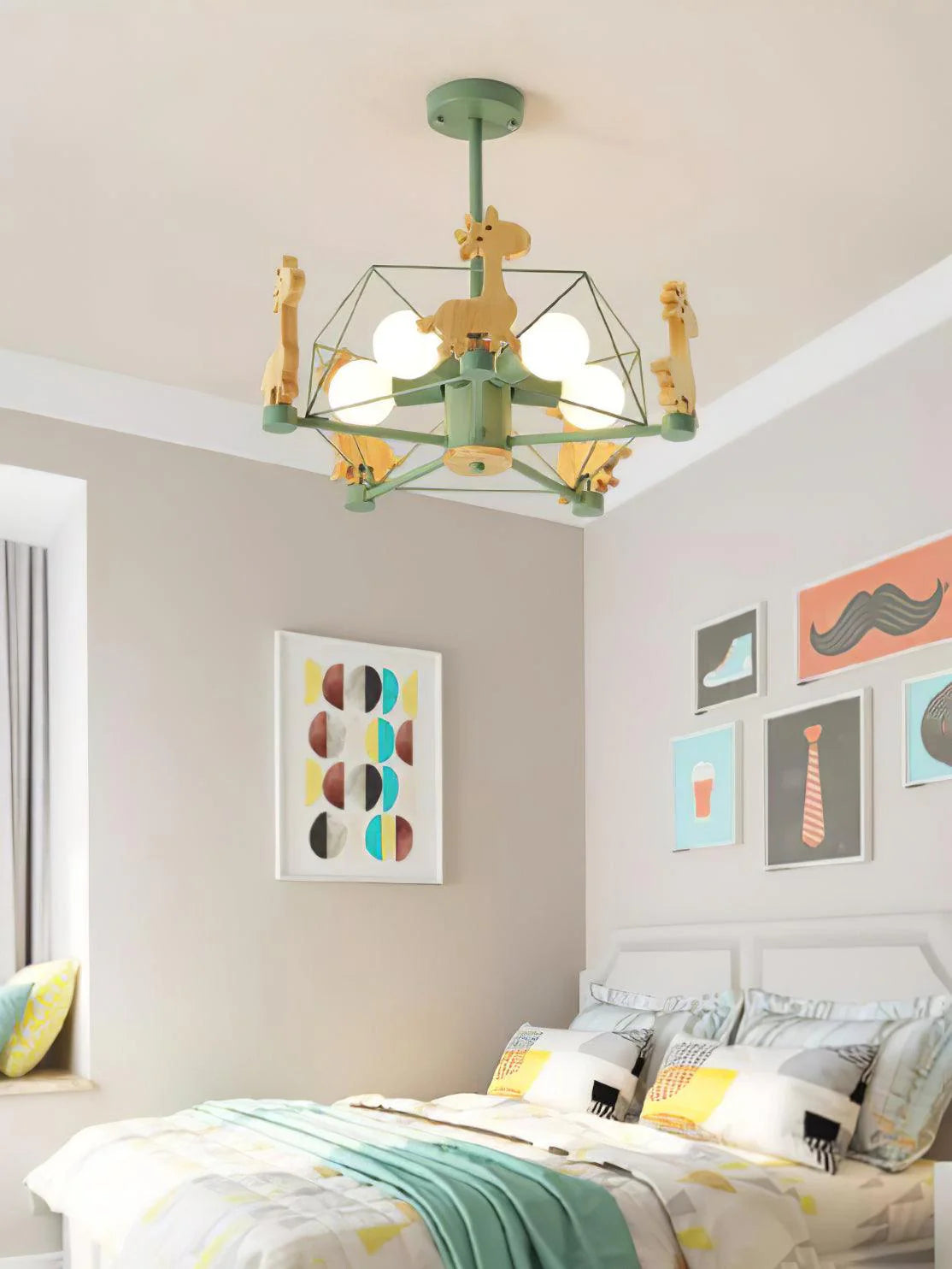 Adorable carousel-style chandelier adds fun flair to nurseries or playrooms.