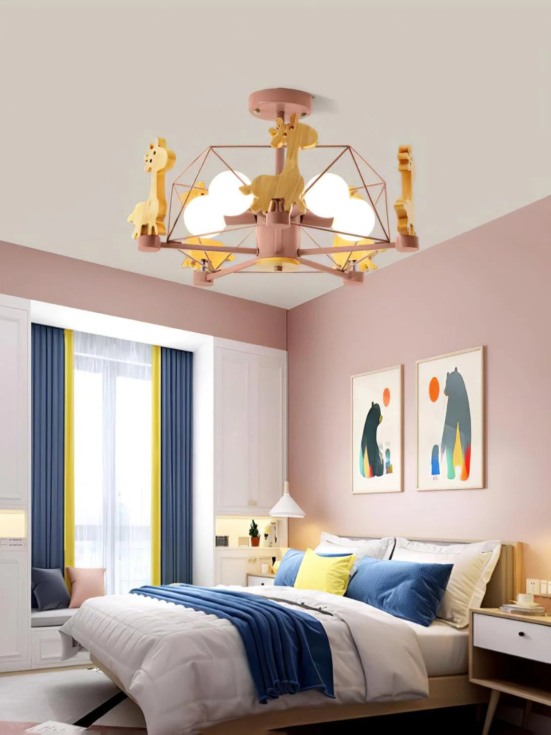 Sweet carousel chandelier: wooden animal figures create joyful lighting ambiance.