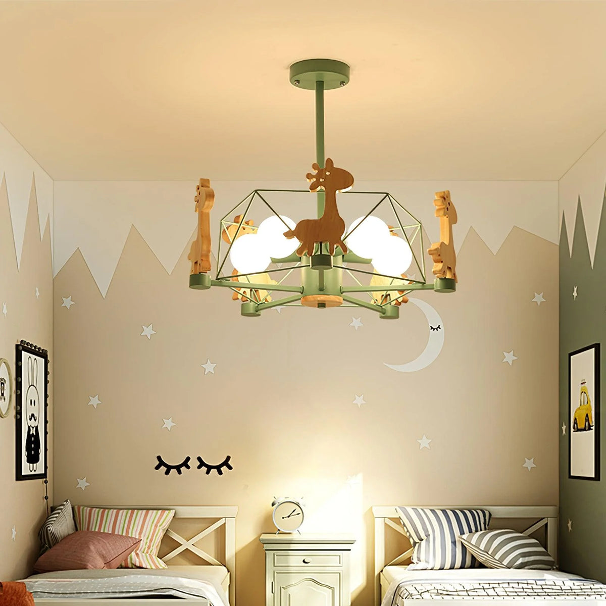 Cute carousel chandelier with animal accents brightens up kid-friendly spaces.