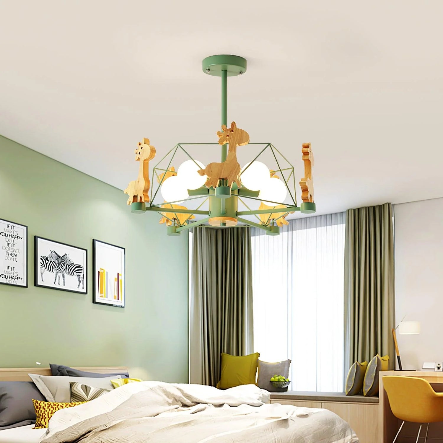 Whimsical carousel chandelier with animal motifs lights up kids’ rooms charmingly.