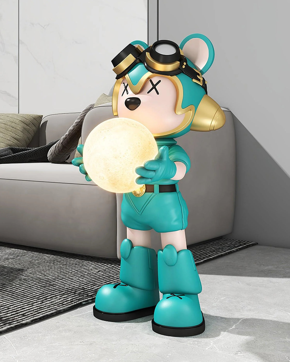 A blue-green bear floor lamp holding a round ball with soft warm light in both hands is next to the sofa in the living room.