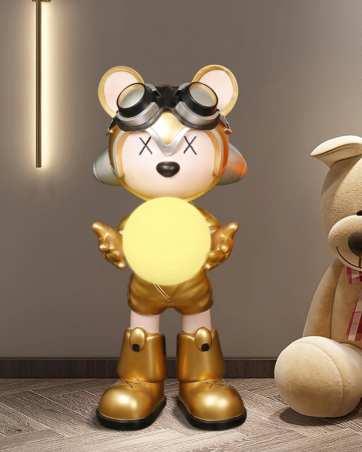 In a corner of the room, the golden bear-shaped floor lamp is particularly eye-catching.