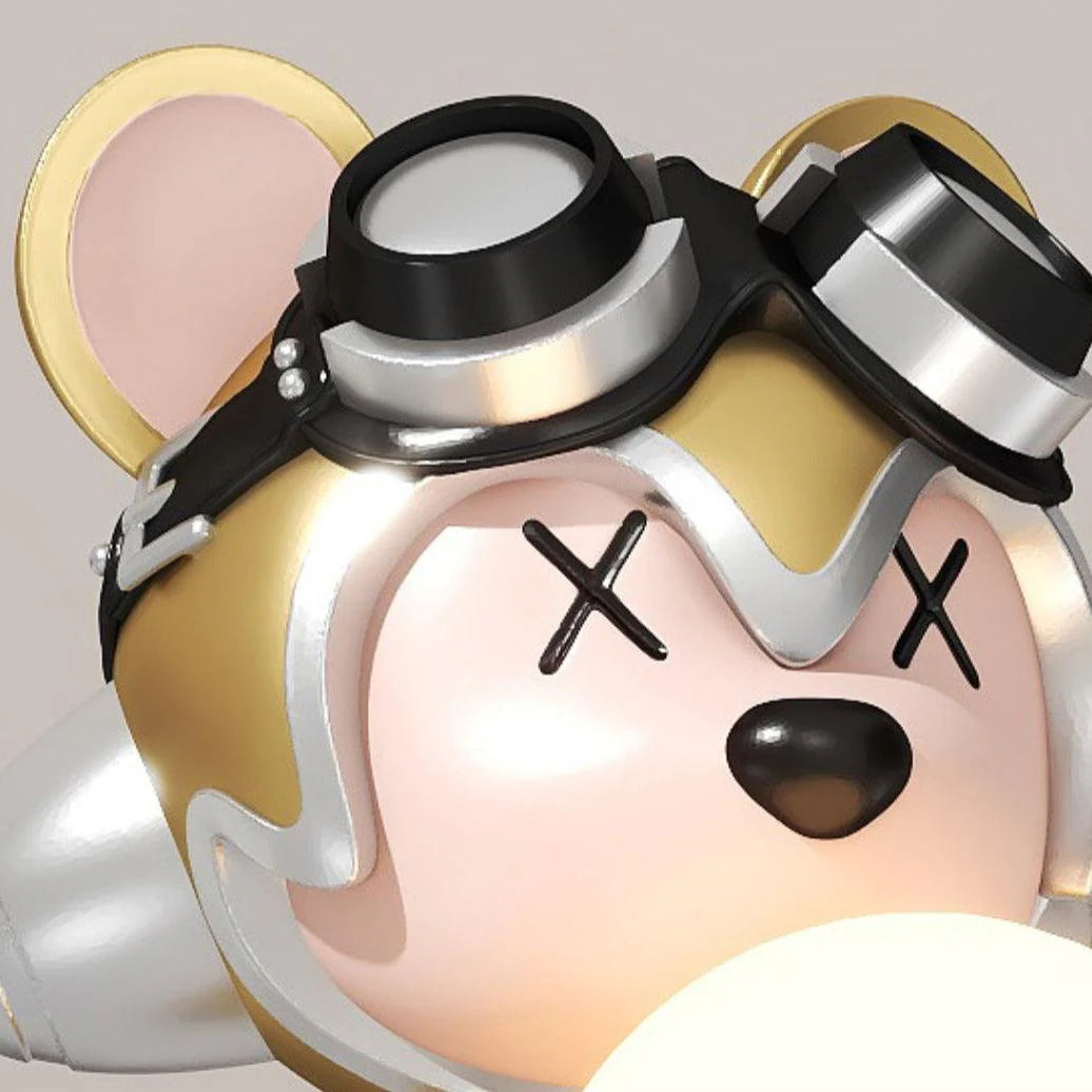 Detail of the white resin Space Bear Floor Lamp head.