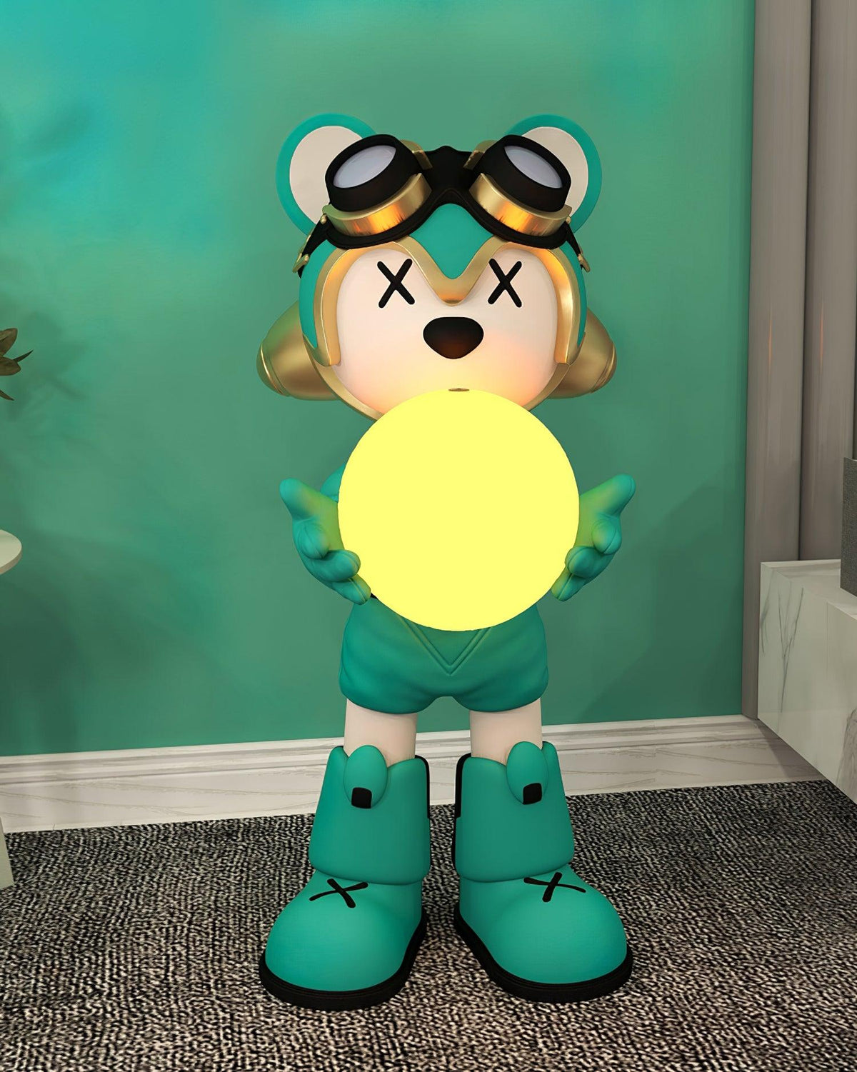 In this indoor corner, a green-clad little bear floor lamp exudes a unique charm.