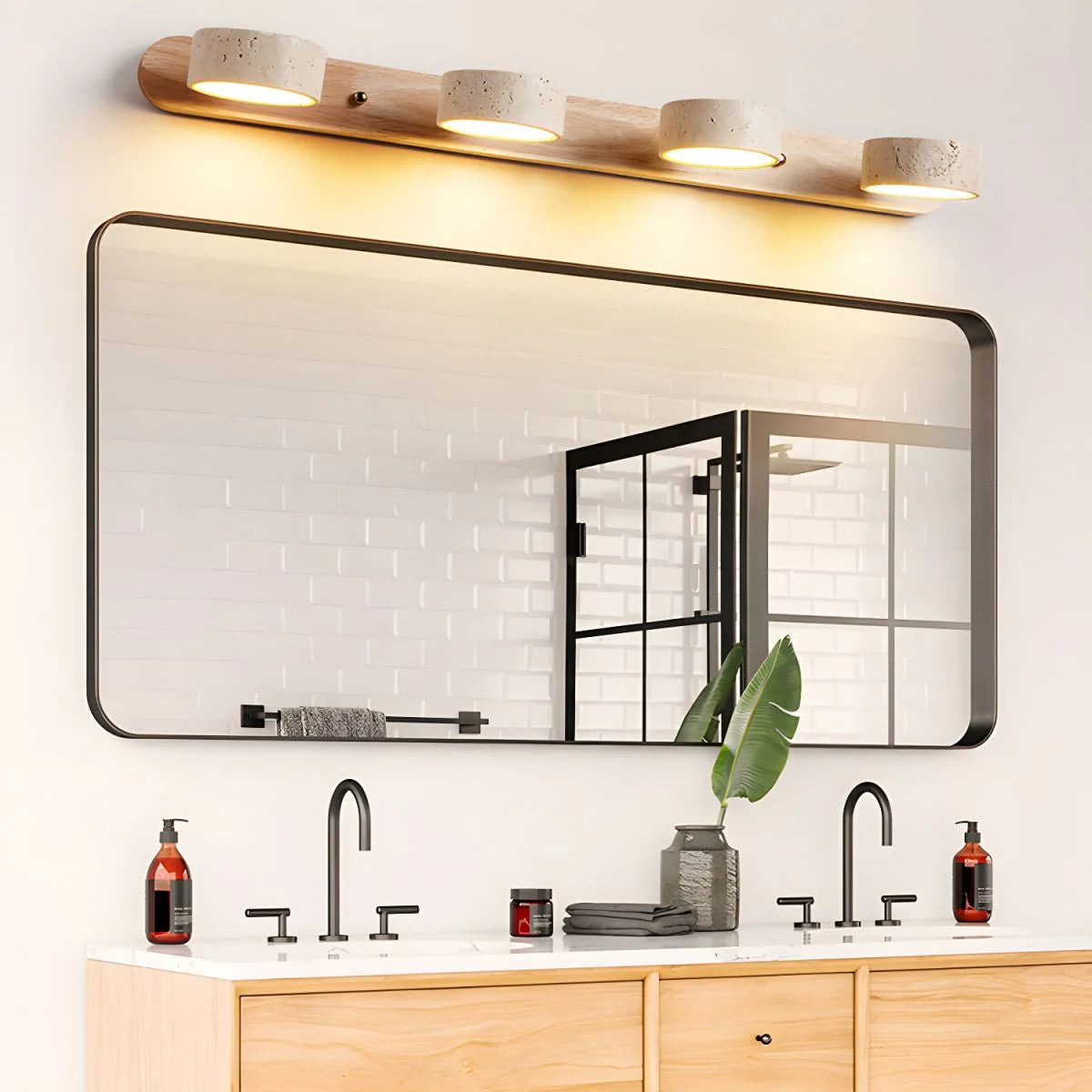 Chic wall fixture: travertine cups + wooden panel, blending texture with soft lighting.