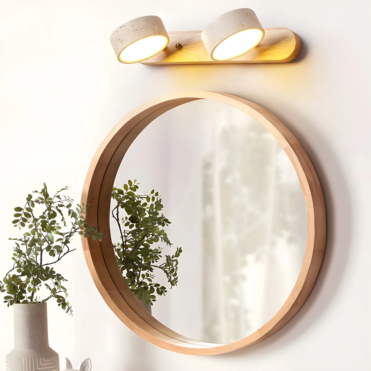 Elegant wall lighting: travertine’s natural texture pairs with wood for inviting ambiance.