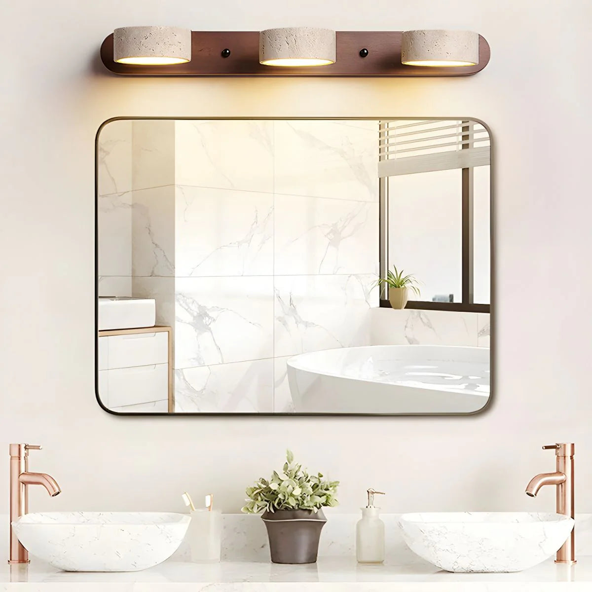 Artful wall decor: dual travertine lights atop wood, merging function and style.