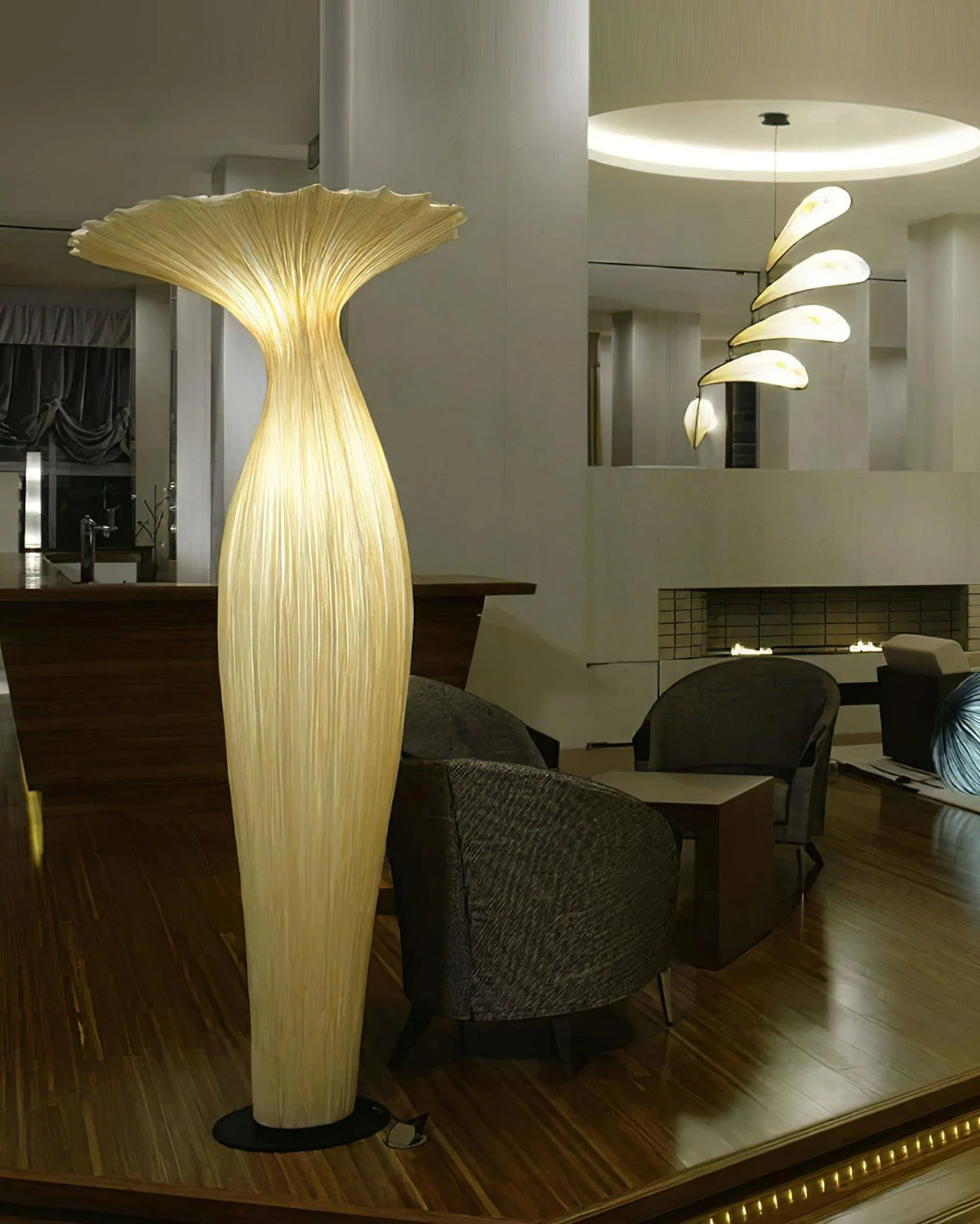 The vase floor lamp decorates the living room at night