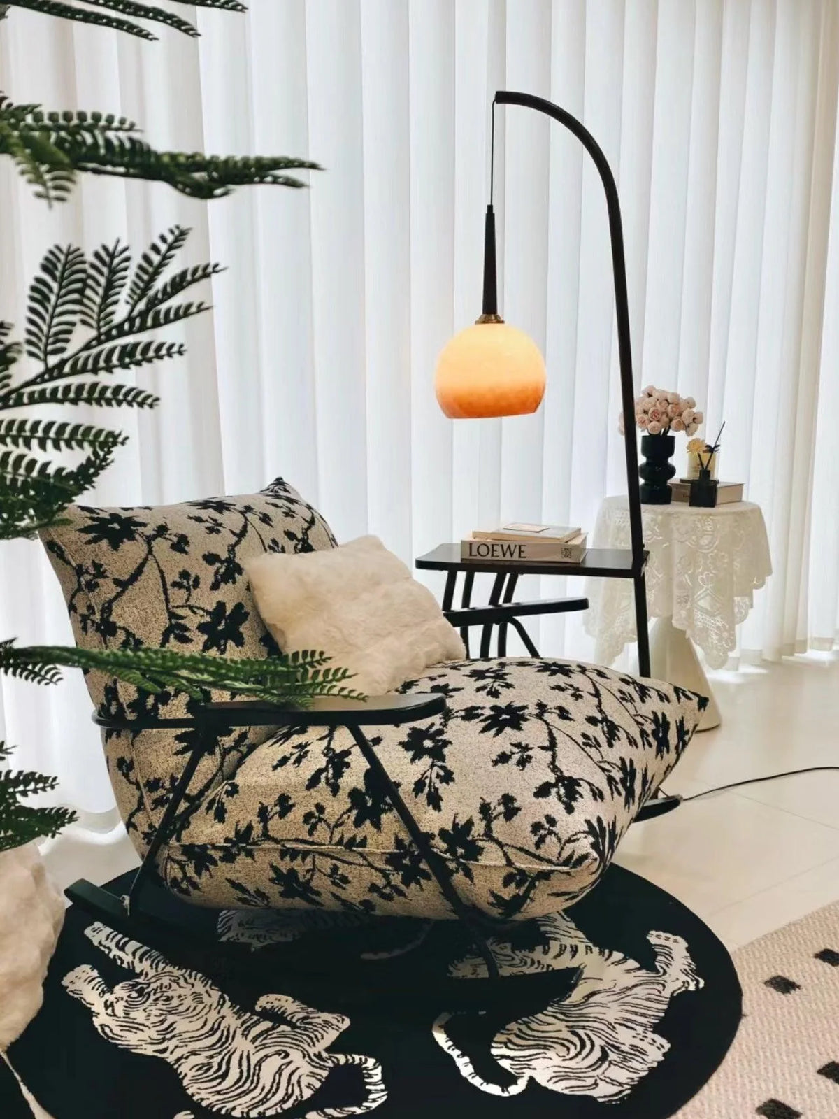 Chic living-area decor: floor lamp with fruit-inspired grapefruit glass shade and storage shelf