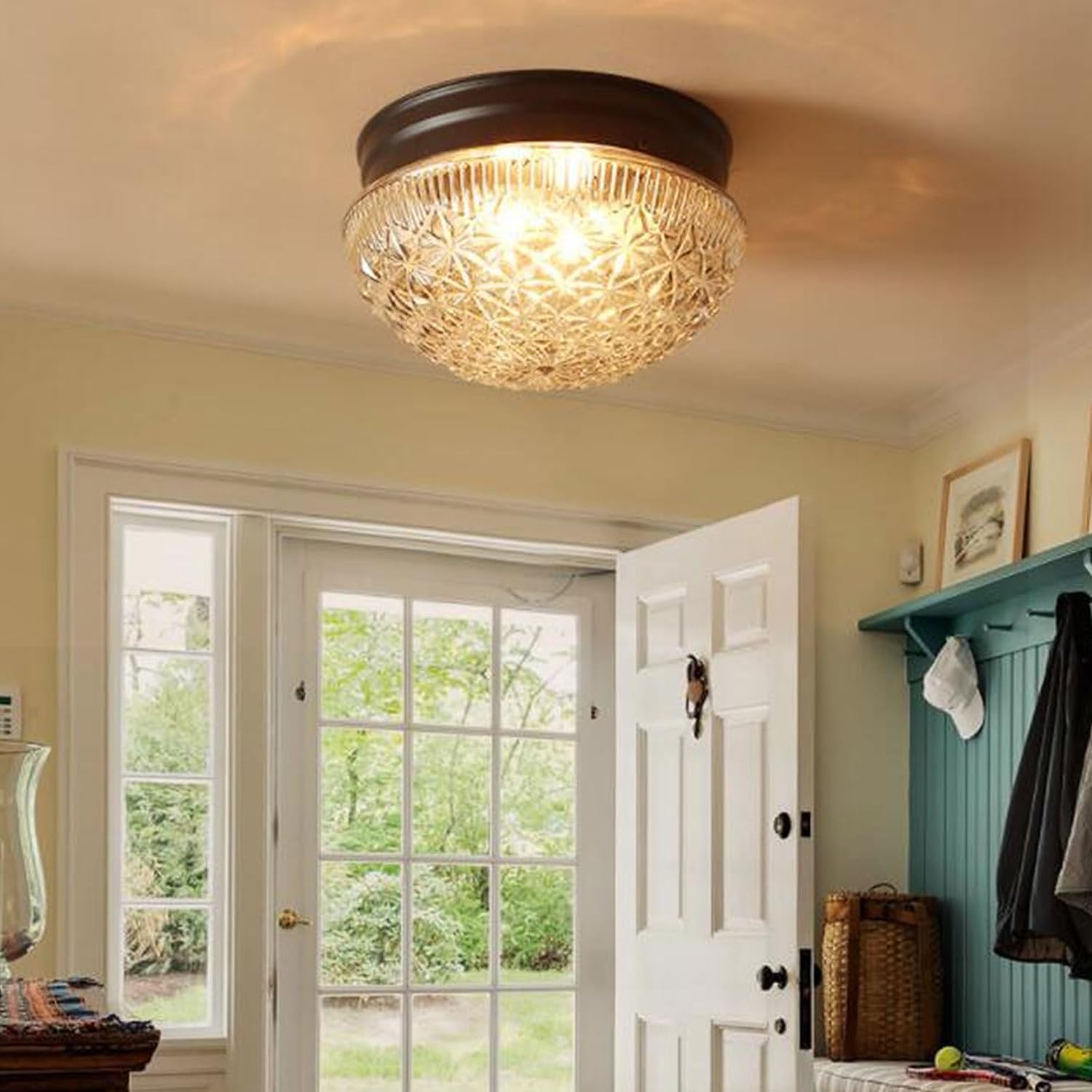 Vintage ceiling light fixture inside warm‑toned living room with natural wood furniture and textured retro interior decor