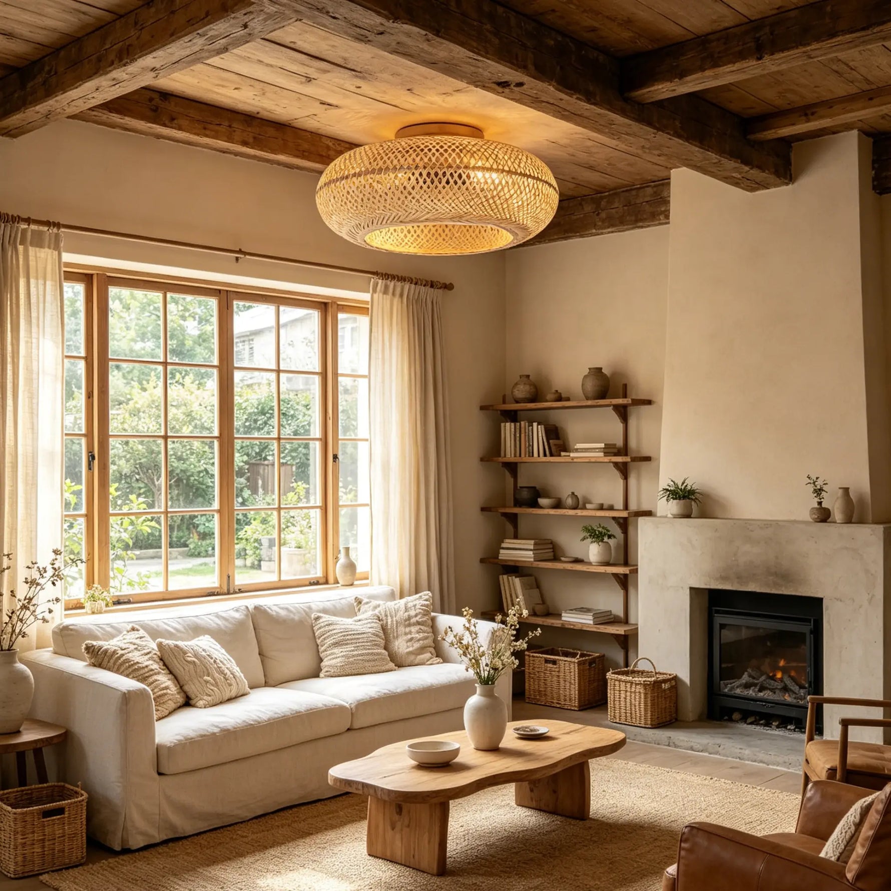Woven rattan bamboo ceiling fan light, natural material indoor home lighting decor