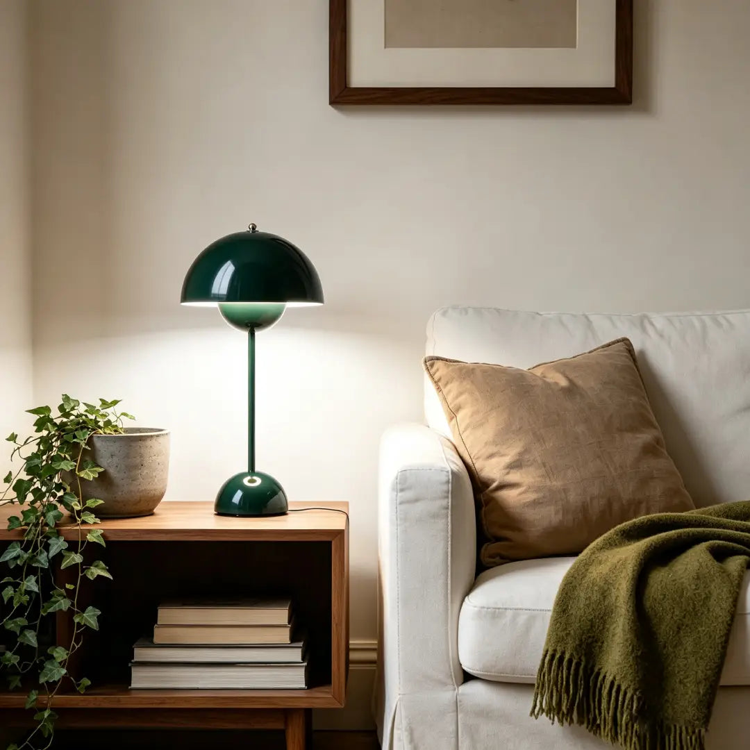 Deep green emerald finish elevates the timeless design of Flowerpot VP3 Table Lamp