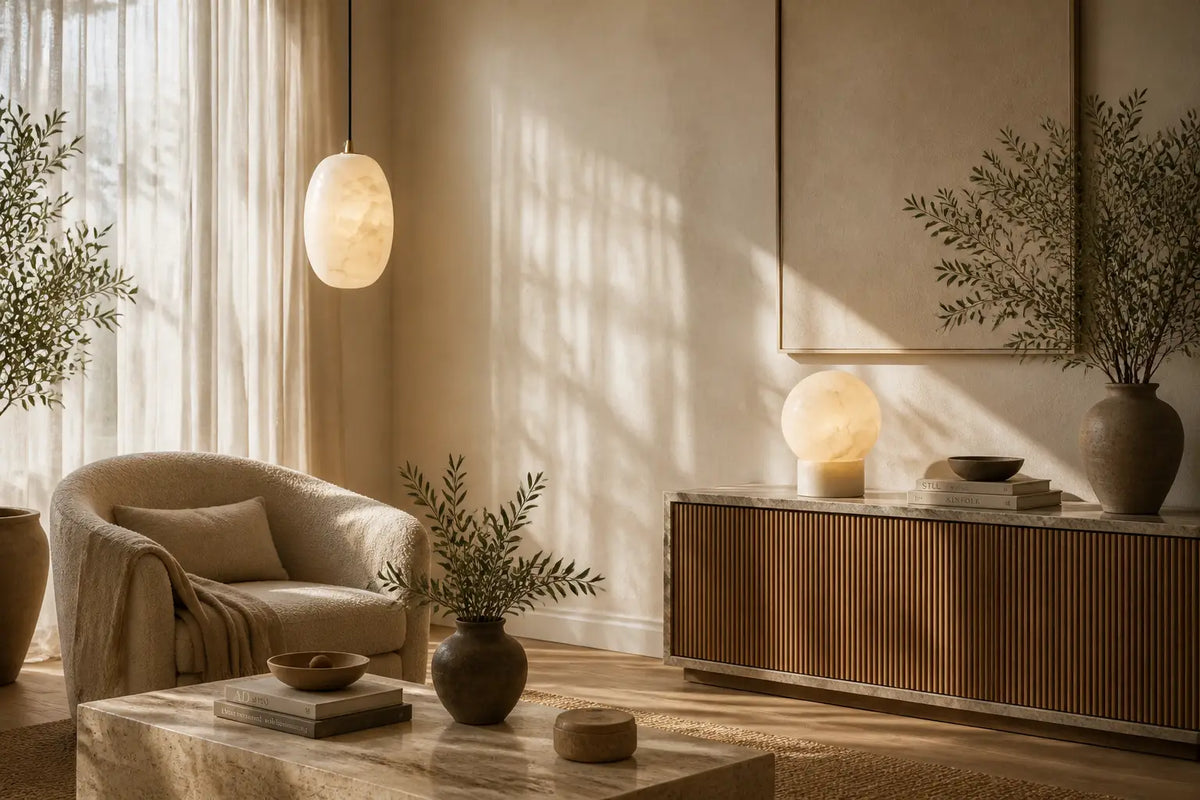 Editorial quiet luxury interior featuring natural alabaster pendant lighting and glowing spherical stone table lamp in sunlit living room