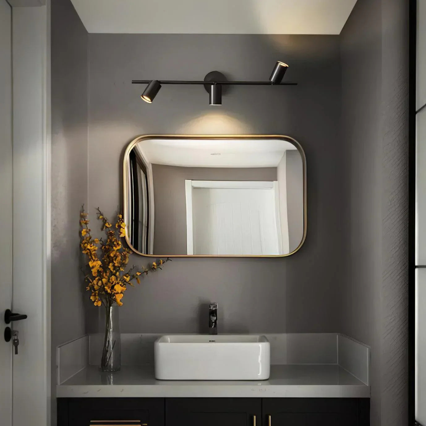 Designer metal bathroom vanity wall sconces mounted above mirror, modern stylish mirror lighting for contemporary spa washroom interior decor