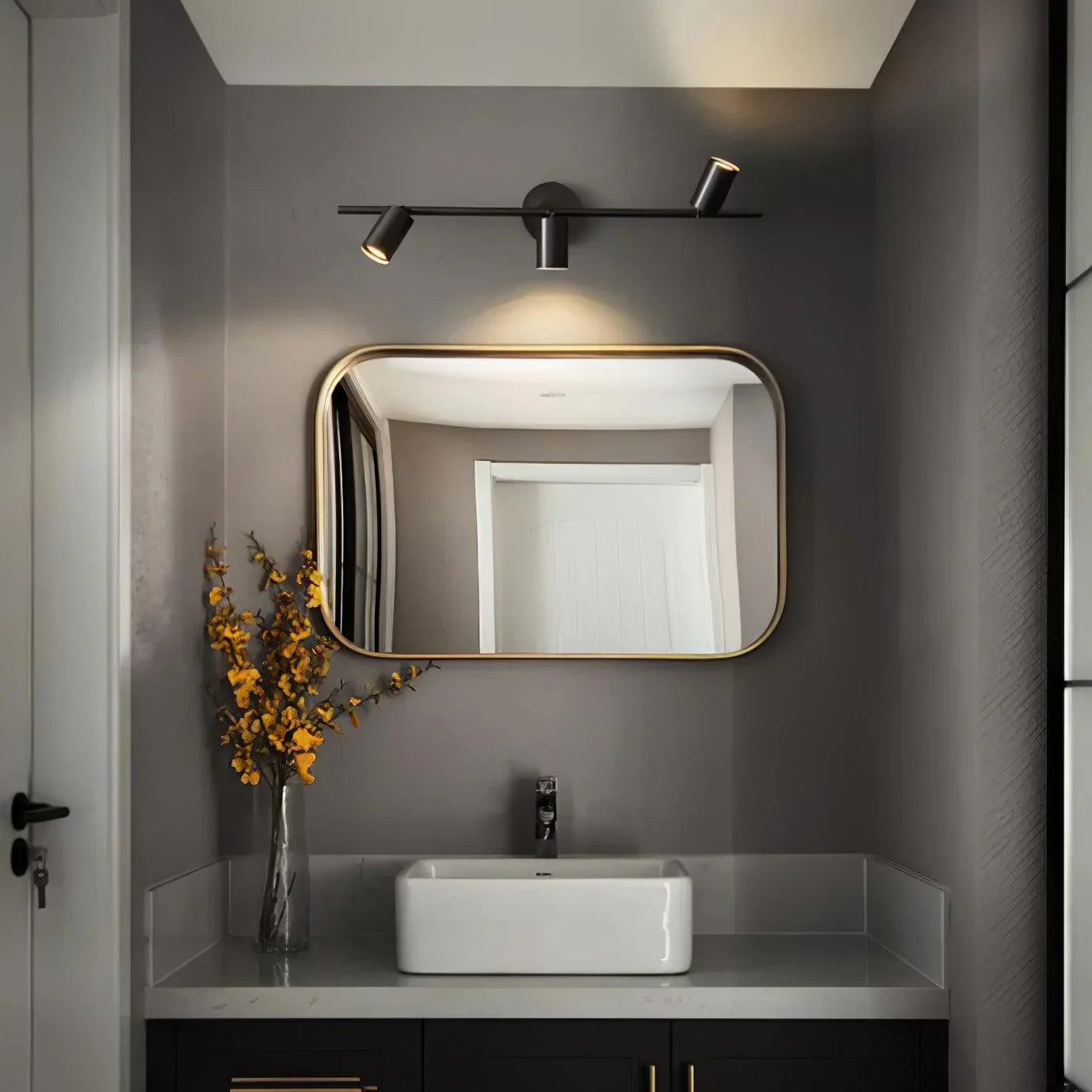 Designer metal bathroom vanity wall sconces mounted above mirror, modern stylish mirror lighting for contemporary spa washroom interior decor