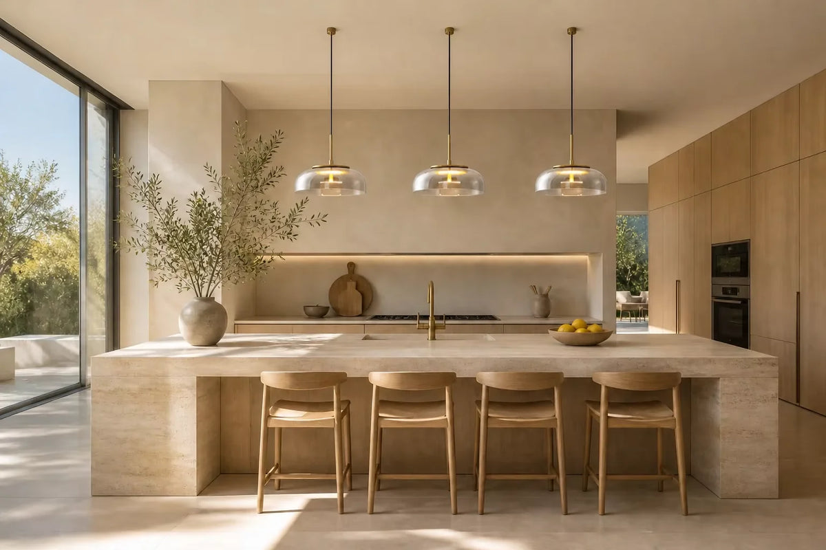 Trio of saucer clear glass and brass pendant lights over honed travertine kitchen island in sunlit quiet luxury home