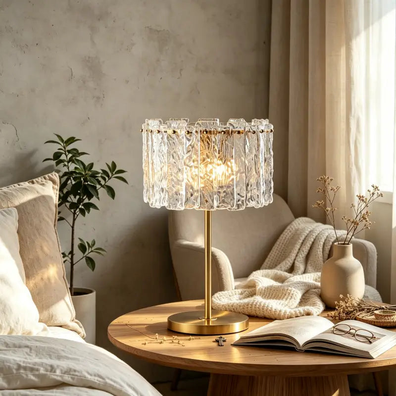 Varied glass table lamps on nightstand and side table, different glass textures shape light spread within modern residential interior