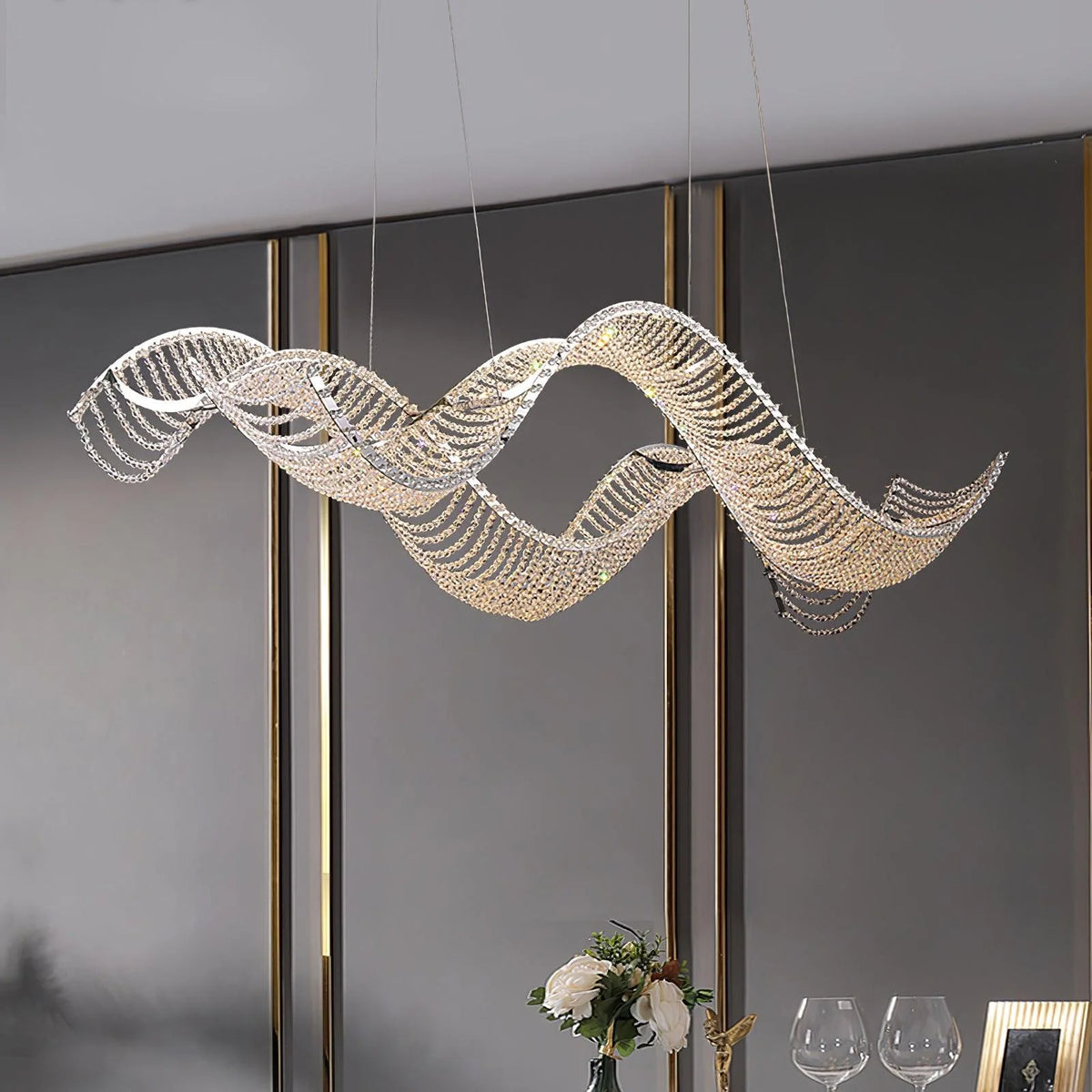 Atmospheric lamps composed of chrome frames and pearl necklace-like crystal beads