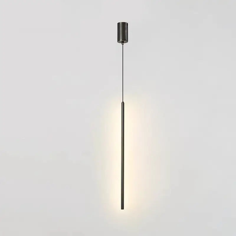 Single matte black linear tube pendant lamp with warm downward LED illumination