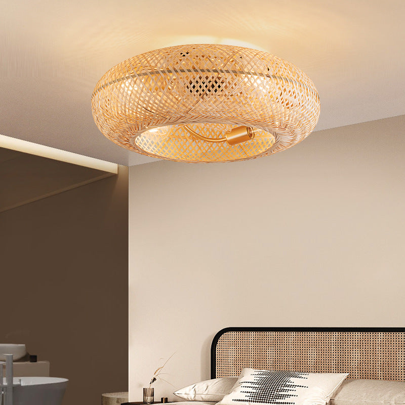 Bamboo Ceiling Fan With Light, hollow hand-woven bamboo ring flush light matching rattan bed headboard in warm bedroom