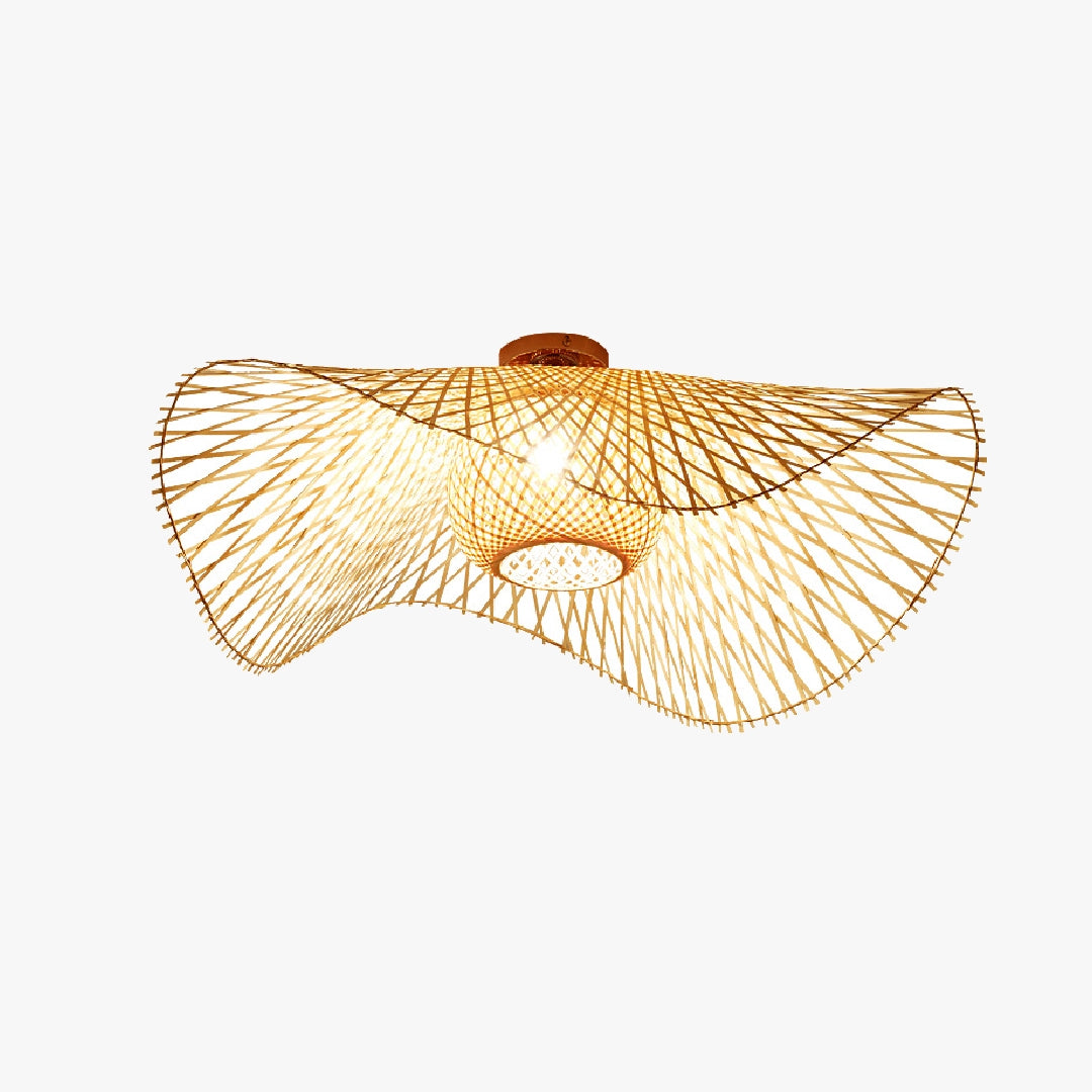 Bamboo Wave Ceiling Lamp: Handwoven bamboo fixture with curved lattice, casts warm light patterns